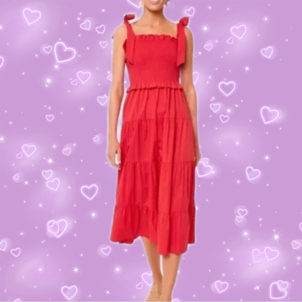 Tuckernuck medium alannah smocked midi dress - poppy red 
Tiered ruffled skirt